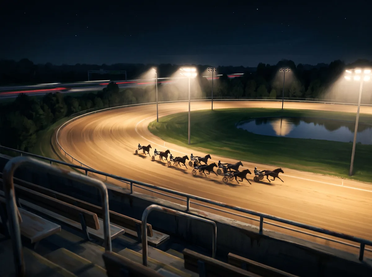 Harness racing at night seen from a grandstand: standardbred horses pulling sulkies around a floodlit oval track